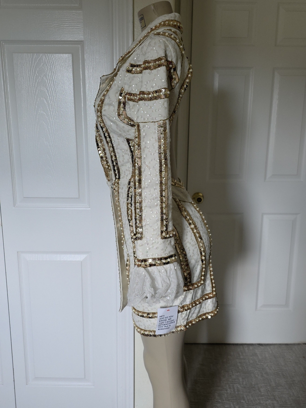 ASOS DESIGN CREAM Mini Blazer Dress with Gold Sequin Trim - Picture 3 of 13